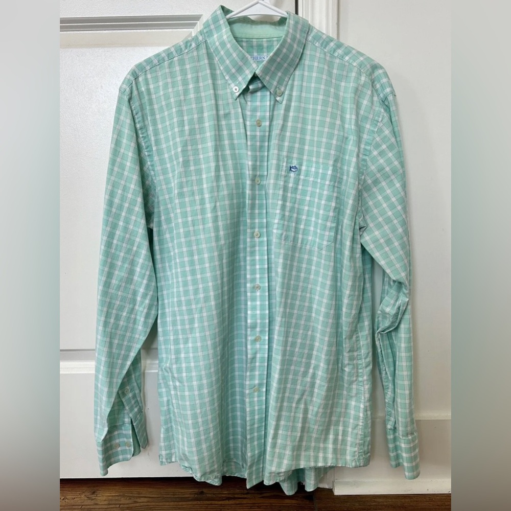 Southern Tide Mint Green White Plaid Check Button Down Shirt Pocket Lightweight
